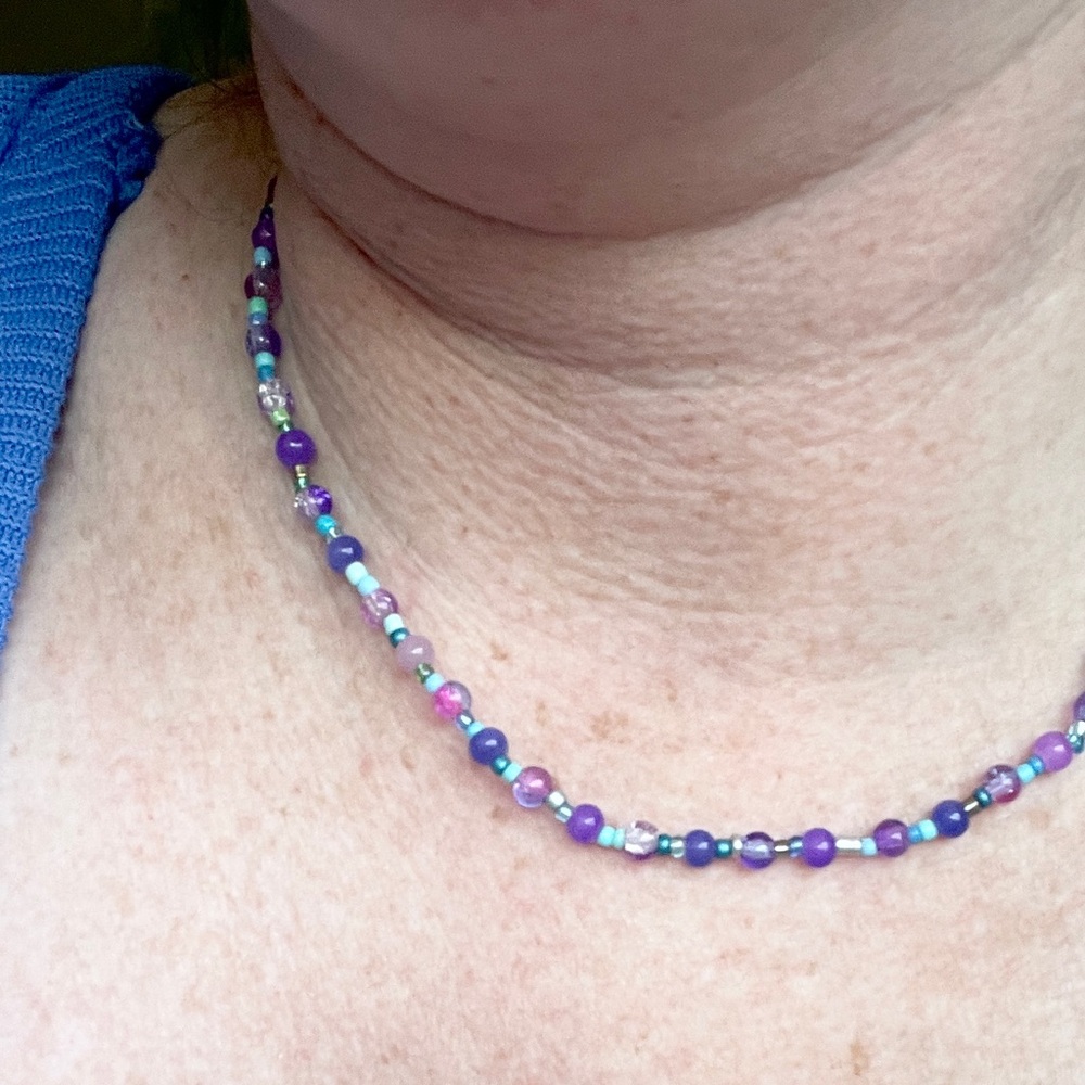 Colorful Blue And Purple Homemade Beaded Necklace.